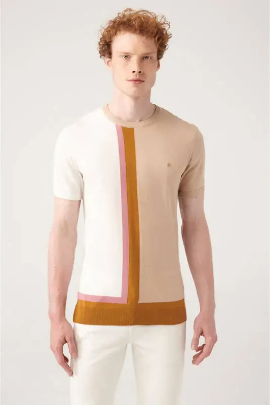 Men's Beige Crew Neck Color Block Ribbed Regular Fit Knit T-shirt A31y5019 - 1