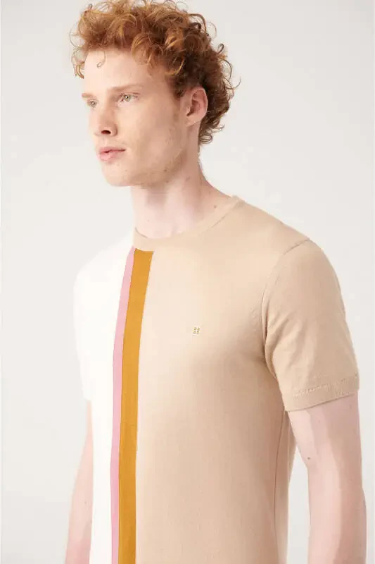 Men's Beige Crew Neck Color Block Ribbed Regular Fit Knit T-shirt A31y5019 - 2