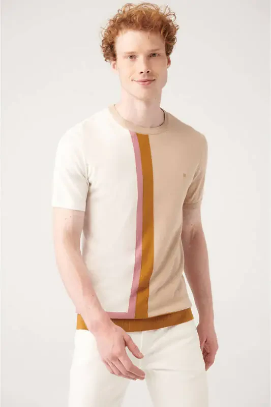 Men's Beige Crew Neck Color Block Ribbed Regular Fit Knit T-shirt A31y5019 - 3
