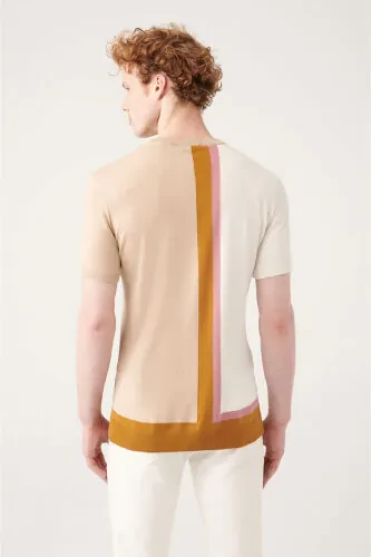 Men's Beige Crew Neck Color Block Ribbed Regular Fit Knit T-shirt A31y5019 - 4