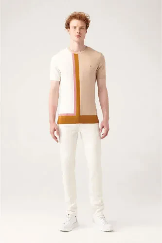 Men's Beige Crew Neck Color Block Ribbed Regular Fit Knit T-shirt A31y5019 - 5