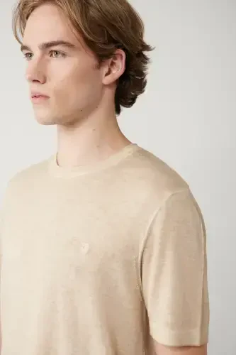 Men's Beige Crew Neck Garment Dyed Paint Effect Regular Fit Knit T-shirt A41y5074 - AVVA (1)