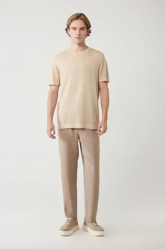 Men's Beige Crew Neck Garment Dyed Paint Effect Regular Fit Knit T-shirt A41y5074 - 6