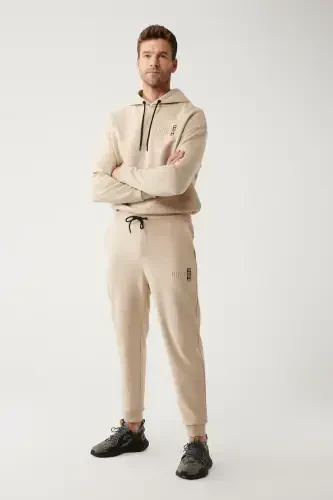 Men's Beige Drawstring Waist 3 Thread Brushed Knit Elastic Hem Sweatpants A32y3464-Beige - 1