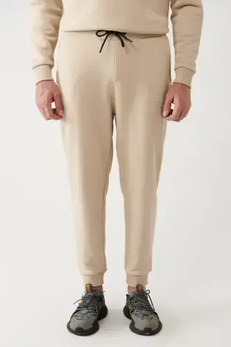 Men's Beige Drawstring Waist 3 Thread Brushed Knit Elastic Hem Sweatpants A32y3464-Beige - Modazone (1)