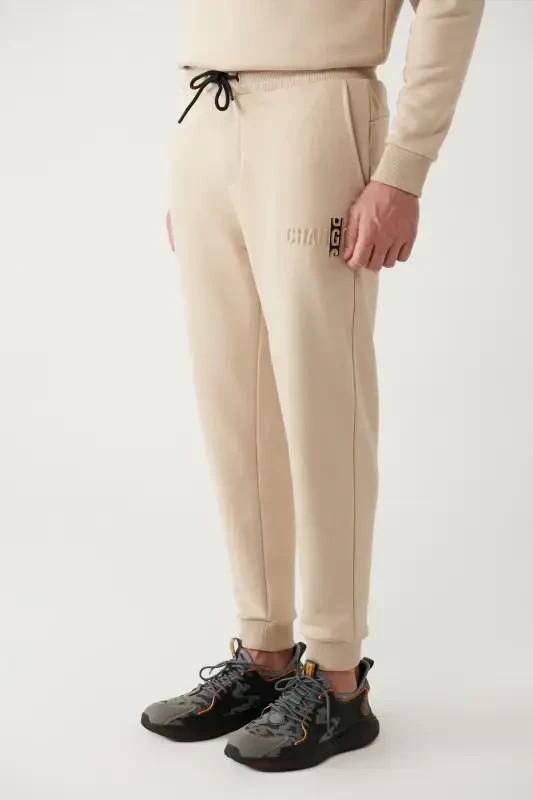 Men's Beige Drawstring Waist 3 Thread Brushed Knit Elastic Hem Sweatpants A32y3464-Beige - 3
