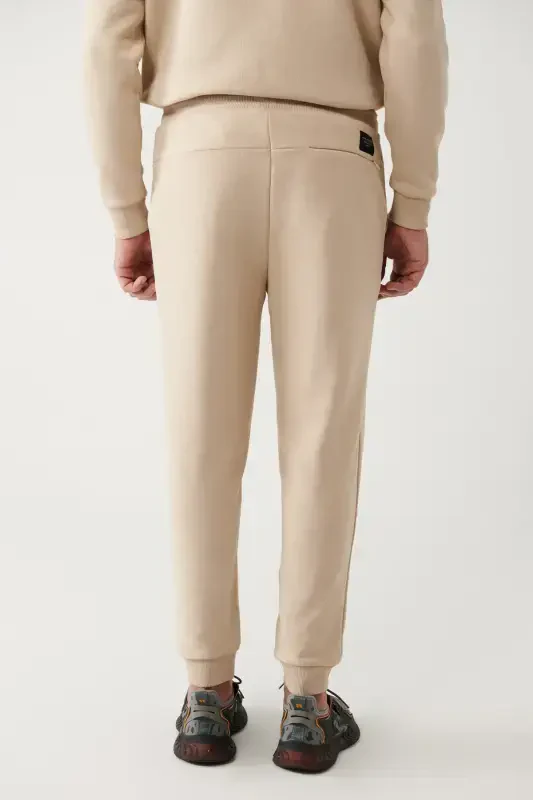 Men's Beige Drawstring Waist 3 Thread Brushed Knit Elastic Hem Sweatpants A32y3464-Beige - 4