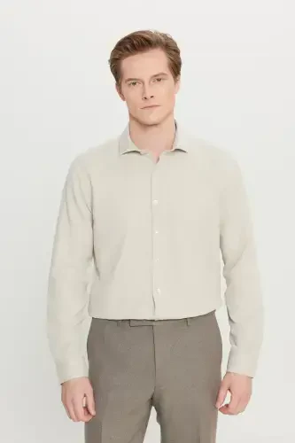 Men's Beige Easy Iron Slim Fit Narrow Cut Italian Collar Textured Shirt-Beige - 1