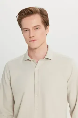 Men's Beige Easy Iron Slim Fit Narrow Cut Italian Collar Textured Shirt-Beige - 4