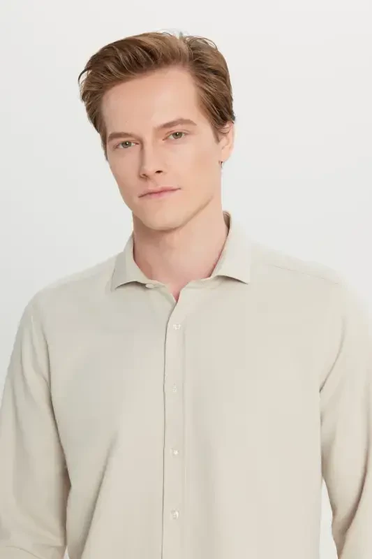 Men's Beige Easy Iron Slim Fit Narrow Cut Italian Collar Textured Shirt-Beige - 4