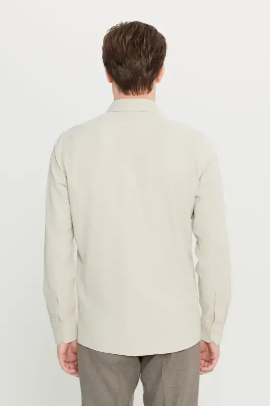 Men's Beige Easy Iron Slim Fit Narrow Cut Italian Collar Textured Shirt-Beige - 5