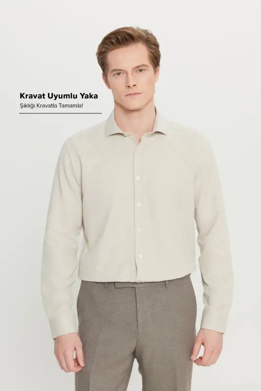 Men's Beige Easy Iron Slim Fit Narrow Cut Italian Collar Textured Shirt-Beige - 2