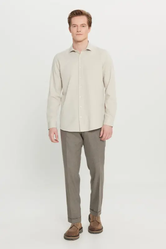Men's Beige Easy Iron Slim Fit Narrow Cut Italian Collar Textured Shirt-Beige - 3
