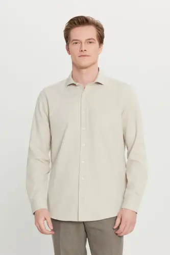 Men's Beige Easy Iron Slim Fit Narrow Cut Italian Collar Textured Shirt-Beige - 4