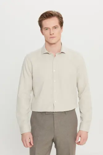 Men's Beige Easy Iron Slim Fit Narrow Cut Italian Collar Textured Shirt-Beige - 6