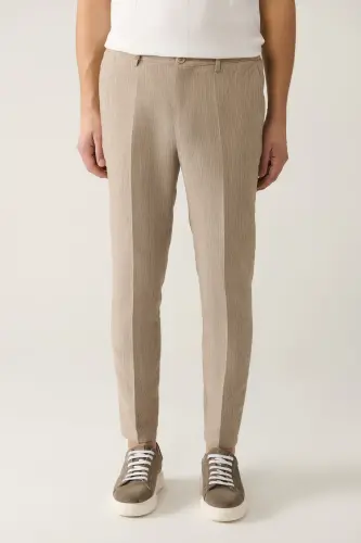 Men's Beige Elastic Waist Linen Blend Relaxed Fit Suit Trousers A41y3260 - AVVA (1)