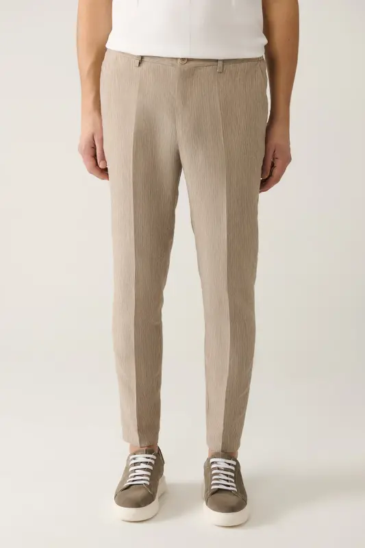 Men's Beige Elastic Waist Linen Blend Relaxed Fit Suit Trousers A41y3260 - 2