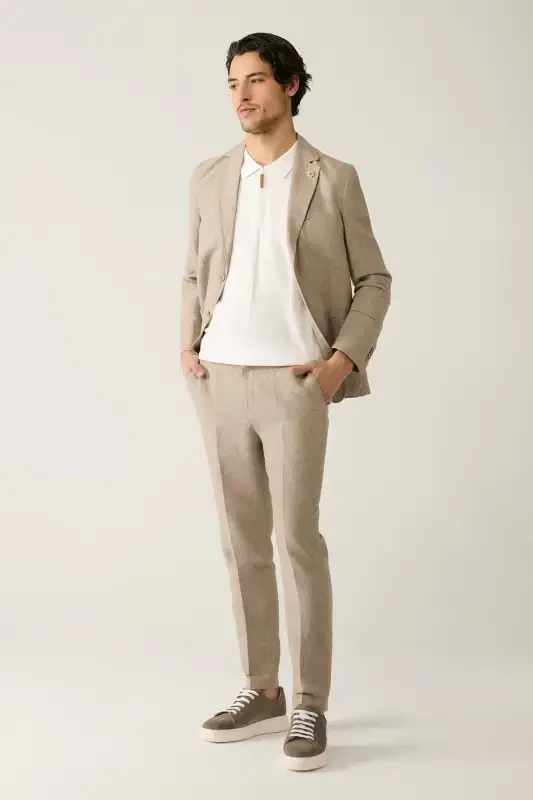 Men's Beige Elastic Waist Linen Blend Relaxed Fit Suit Trousers A41y3260 - 1