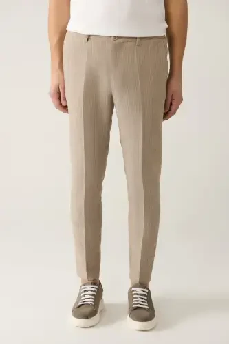 Men's Beige Elastic Waist Linen Blend Relaxed Fit Suit Trousers A41y3260 - 2
