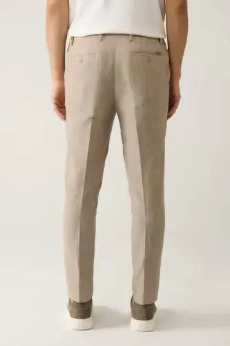 Men's Beige Elastic Waist Linen Blend Relaxed Fit Suit Trousers A41y3260 - 4