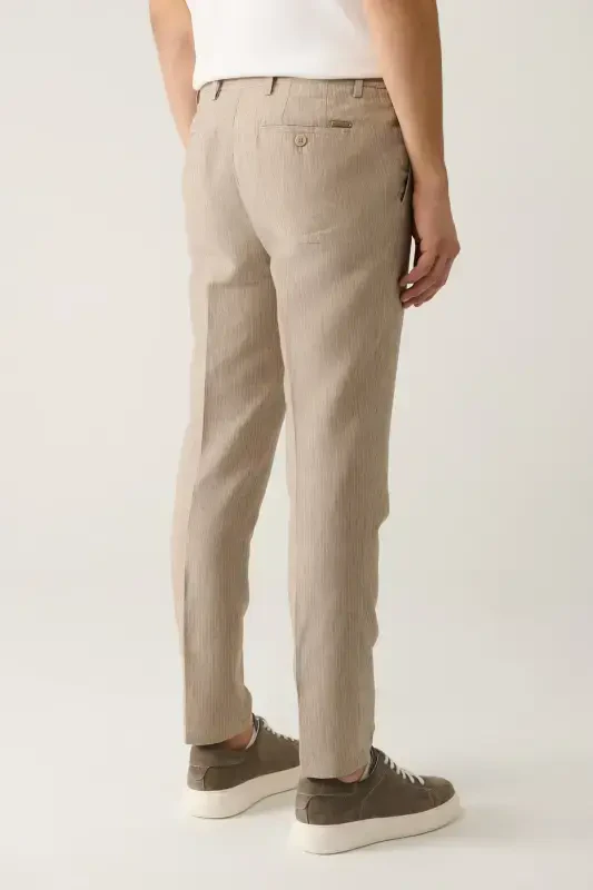 Men's Beige Elastic Waist Linen Blend Relaxed Fit Suit Trousers A41y3260 - 5