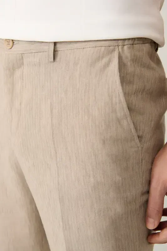 Men's Beige Elastic Waist Linen Blend Relaxed Fit Suit Trousers A41y3260 - 6