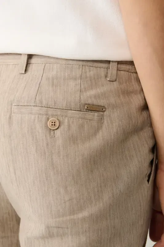 Men's Beige Elastic Waist Linen Blend Relaxed Fit Suit Trousers A41y3260 - 7