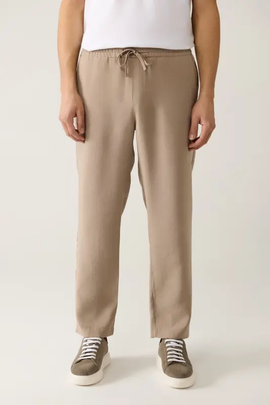 Men's Beige Elastic Waist Modal Relaxed Fit Truva Relaxed Fit Pants A41Y3031 - 3