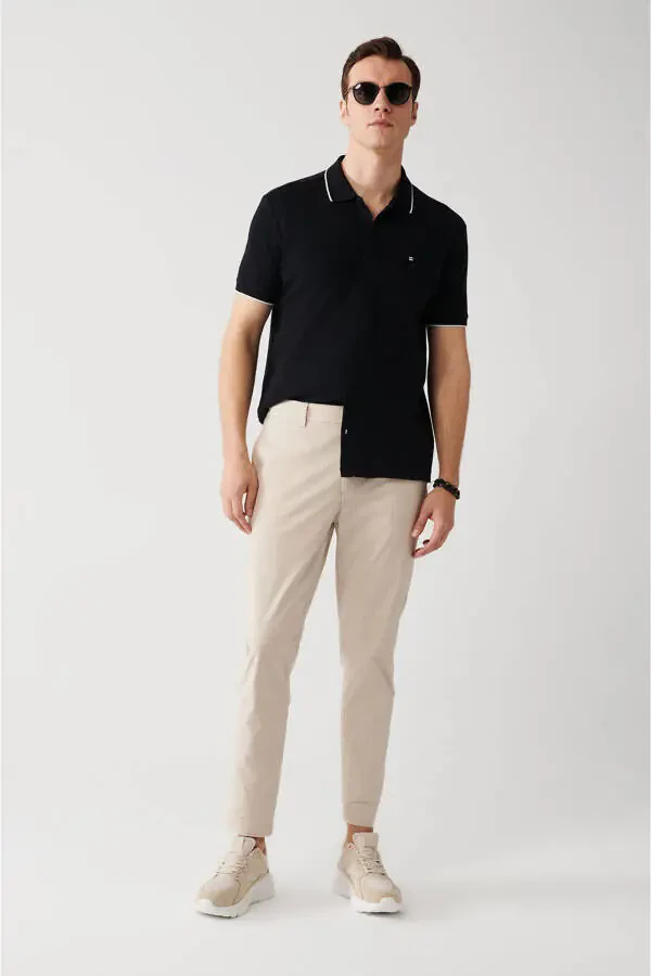 Men's Beige Elastic Waistband Laced Striped Relaxed Fit Comfortable Cut Trousers A31y3206 - 1