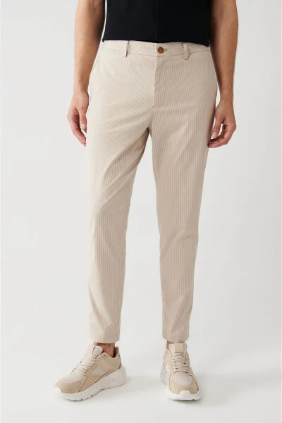 Men's Beige Elastic Waistband Laced Striped Relaxed Fit Comfortable Cut Trousers A31y3206 - AVVA (1)
