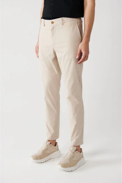 Men's Beige Elastic Waistband Laced Striped Relaxed Fit Comfortable Cut Trousers A31y3206 - 3
