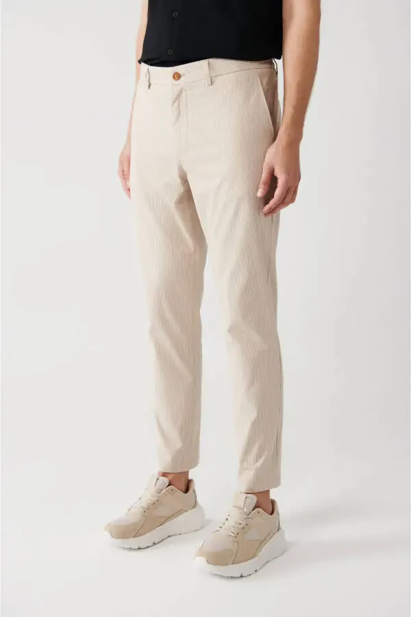 Men's Beige Elastic Waistband Laced Striped Relaxed Fit Comfortable Cut Trousers A31y3206 - 3