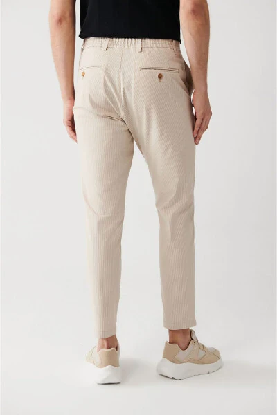Men's Beige Elastic Waistband Laced Striped Relaxed Fit Comfortable Cut Trousers A31y3206 - 4