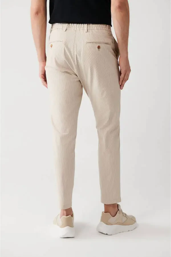 Men's Beige Elastic Waistband Laced Striped Relaxed Fit Comfortable Cut Trousers A31y3206 - 4