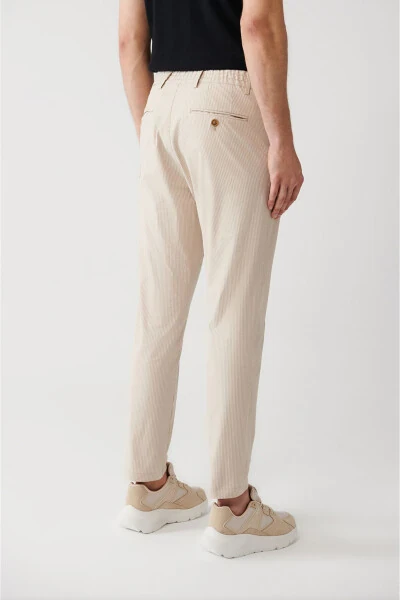 Men's Beige Elastic Waistband Laced Striped Relaxed Fit Comfortable Cut Trousers A31y3206 - 5