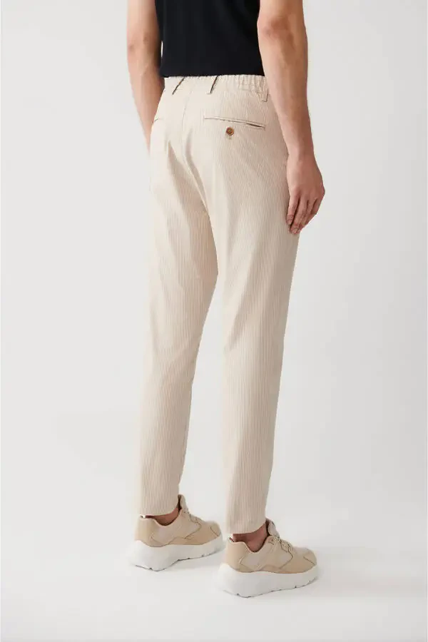 Men's Beige Elastic Waistband Laced Striped Relaxed Fit Comfortable Cut Trousers A31y3206 - 5