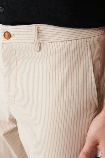 Men's Beige Elastic Waistband Laced Striped Relaxed Fit Comfortable Cut Trousers A31y3206 - 6