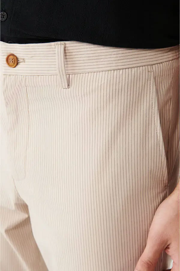 Men's Beige Elastic Waistband Laced Striped Relaxed Fit Comfortable Cut Trousers A31y3206 - 6