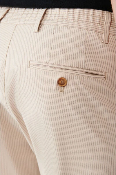 Men's Beige Elastic Waistband Laced Striped Relaxed Fit Comfortable Cut Trousers A31y3206 - 7