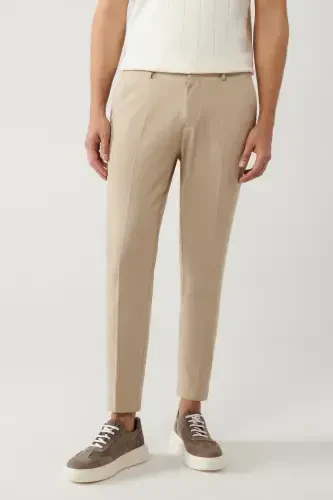Men's Beige Elastic Waistband Stretch Fabric Armoured Slim Fit Trousers A41y3200 - 2