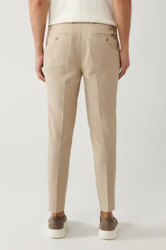 Men's Beige Elastic Waistband Stretch Fabric Armoured Slim Fit Trousers A41y3200 - 4