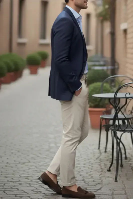 Men's Beige Gabardine Cotton Linen Slim Fit Side Pocket Elastic Chino Pants - 3