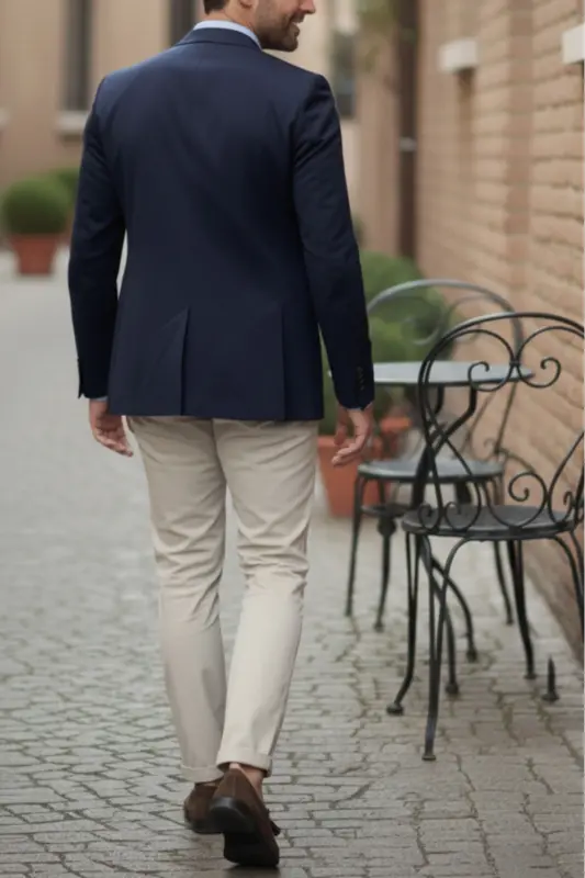 Men's Beige Gabardine Cotton Linen Slim Fit Side Pocket Elastic Chino Pants - 4