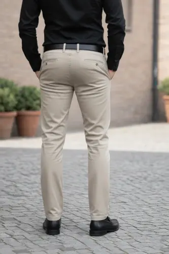 Men's Beige Gabardine Cotton Linen Slim Fit Side Pocket Elastic Chino Pants - 5