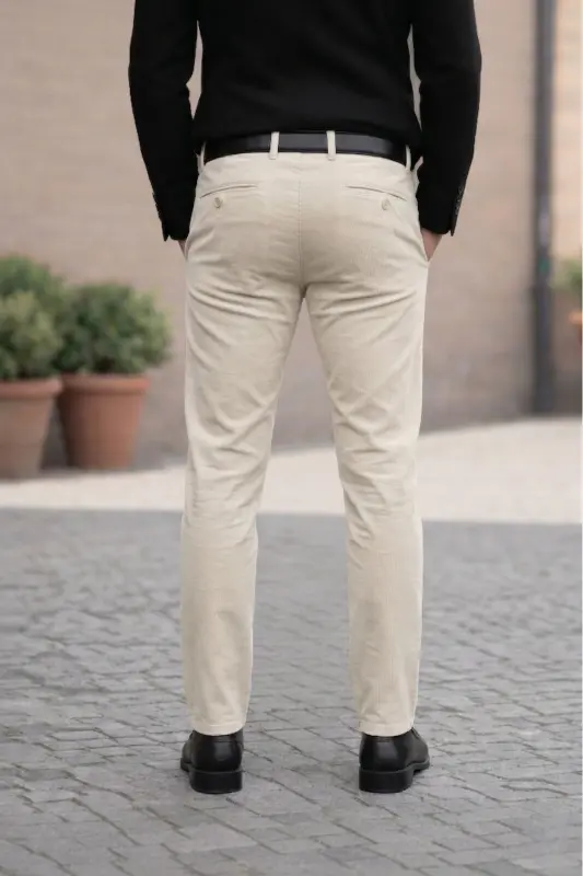 Men's Beige Gabardine Cotton Linen Slim Fit Side Pocket Elastic Chino Pants - 4