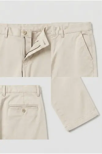 Men's Beige Gabardine Cotton Linen Slim Fit Side Pocket Elastic Chino Pants - 5