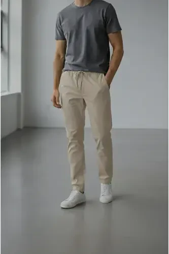 Men's Beige Gabardine Cotton Linen Slim Fit Side Pocket Stretch Chino Pants - 1