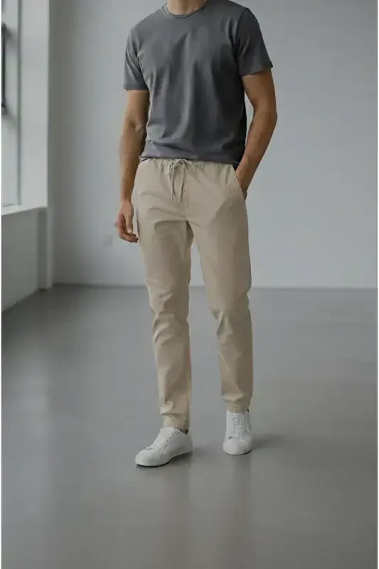 Men's Beige Gabardine Cotton Linen Slim Fit Side Pocket Stretch Chino Pants - 1