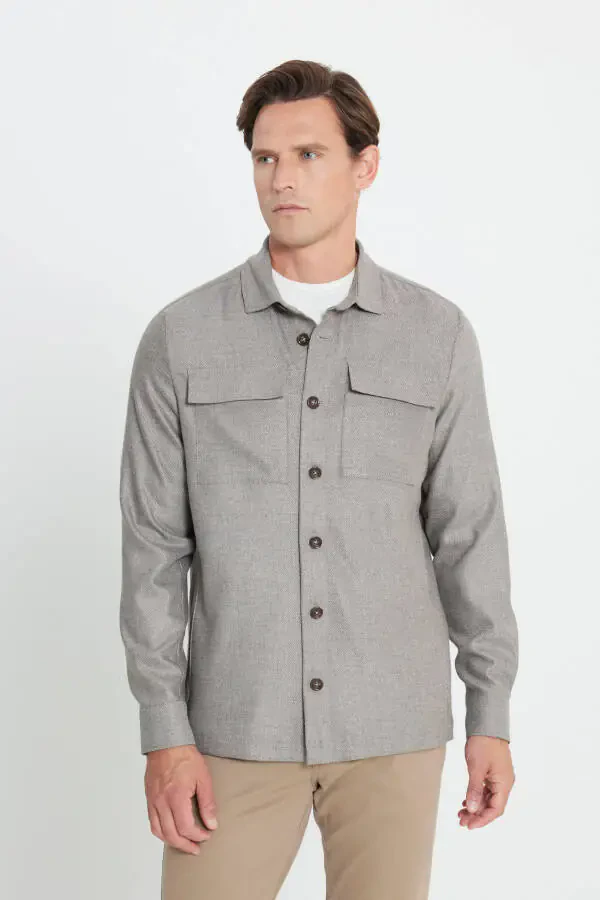 Men's Beige-Gray Wool Blend Warm Relaxed Fit Casual Ke - 1