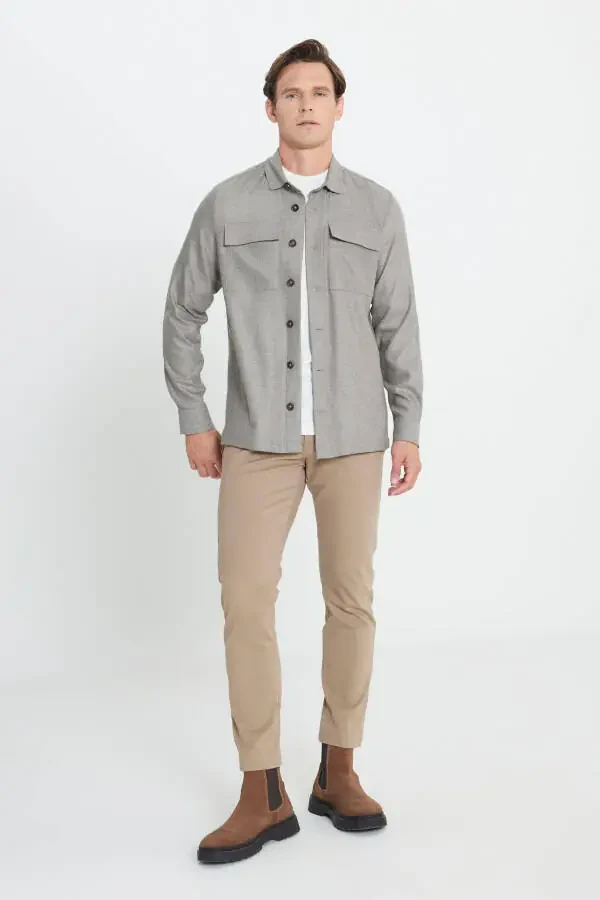 Men's Beige-Gray Wool Blend Warm Relaxed Fit Casual Ke - 2